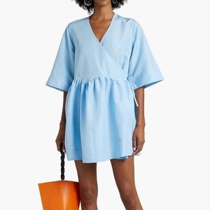 NWT GANNI Light Blue Gathered shell mini wrap dress